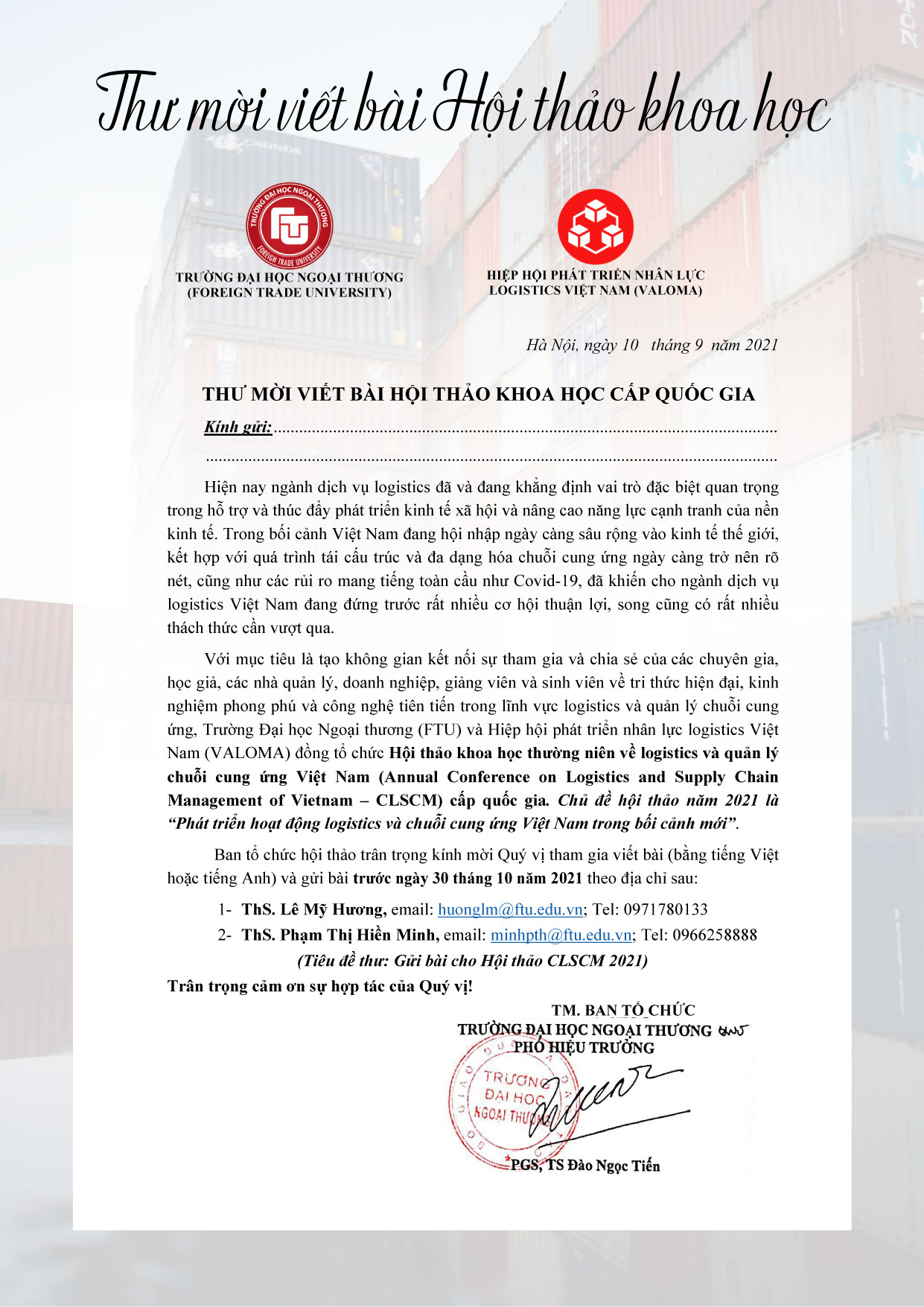 Thư mời viết bài hội thảo khoa học cấp quốc gia
